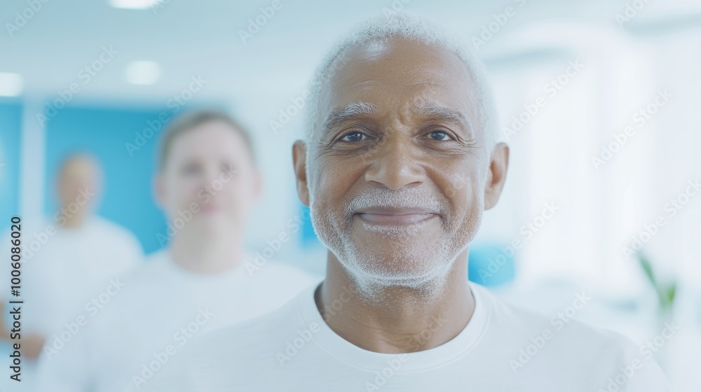 Fototapeta premium 2409_225.an engaging session where a physiotherapist supports a mature man in performing resistance band exercises, highlighting personalized care and attention in a therapy room
