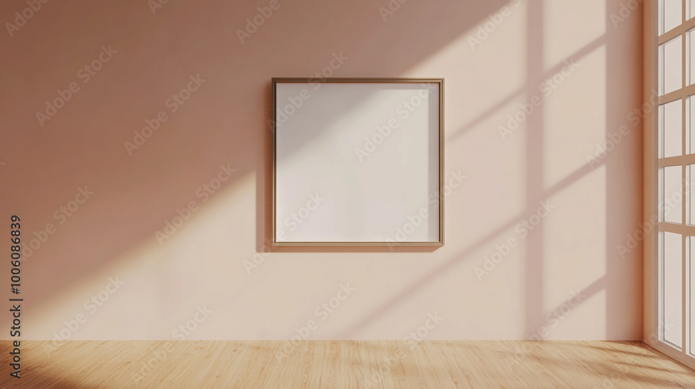Fototapeta premium A black picture frame stands on a wooden surface against a white wall, Horizontal poster Frame Mockup hanging on wall in room, 3d rendering.