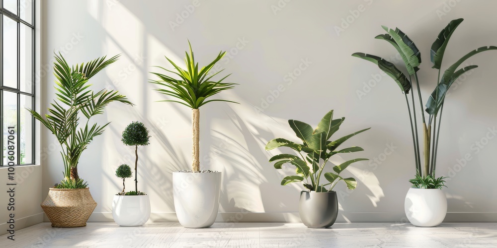 A collection of various indoor plants in stylish pots arranged by a sunlit window in a minimalist living space. A collection of various indoor plants in stylish pots arranged by a sunlit window in a minimalist living space.