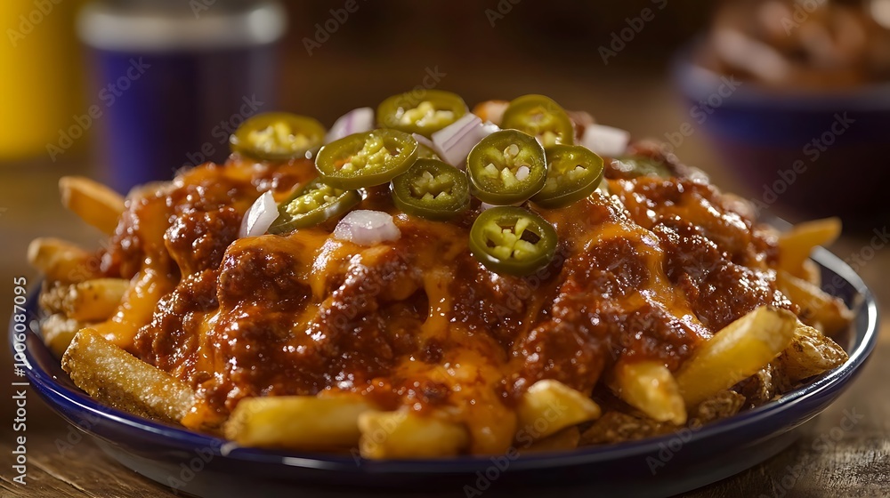 A plate of loaded chili cheese fries topped with diced jalapeños and onions A plate of loaded chili cheese fries topped with diced jalapeños and onions
