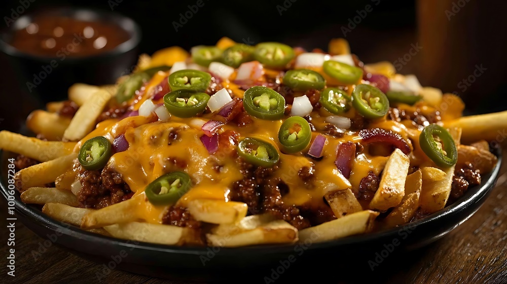 A plate of loaded chili cheese fries topped with diced jalapeños and onions A plate of loaded chili cheese fries topped with diced jalapeños and onions