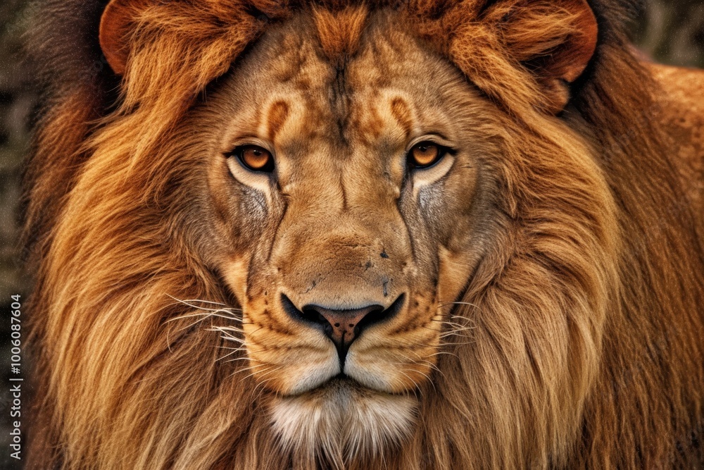 Close-up of a majestic lion with a rich mane and intense gaze. Close-up of a majestic lion with a rich mane and intense gaze.