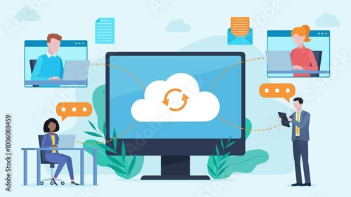 Employees in the office send data and files to each other via the cloud. They connect with employees in other departments or in the home office. The cloud graphic is on the monitor.