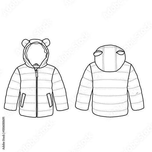 Unisex baby hooded design vector flat sketch template. Outerwear jackets technical fashion illustration.