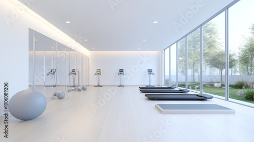 2409_312.modern physiotherapy clinic with a minimalist design, showcasing a clean, uncluttered space filled with rehabilitation equipment such as balance boards, treadmills, and stretching mats, all