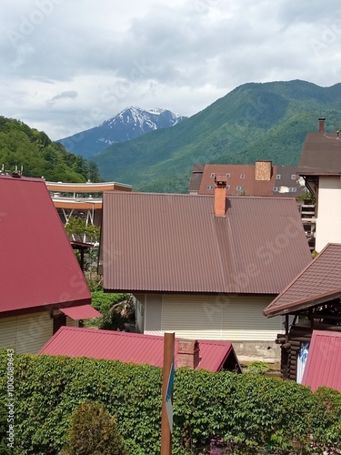 Obraz na płótnie Roofs of houses in landscape of Rosa Khutor w salonie