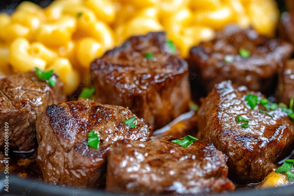 Fried pieces of meat with pasta sprinkled with green onions Fried pieces of meat with pasta sprinkled with green onions