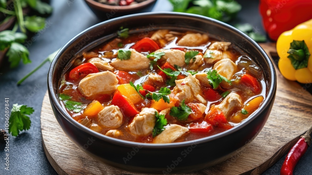 Colorful Chicken Stew in a Bowl with Fresh Vegetables Colorful Chicken Stew in a Bowl with Fresh Vegetables