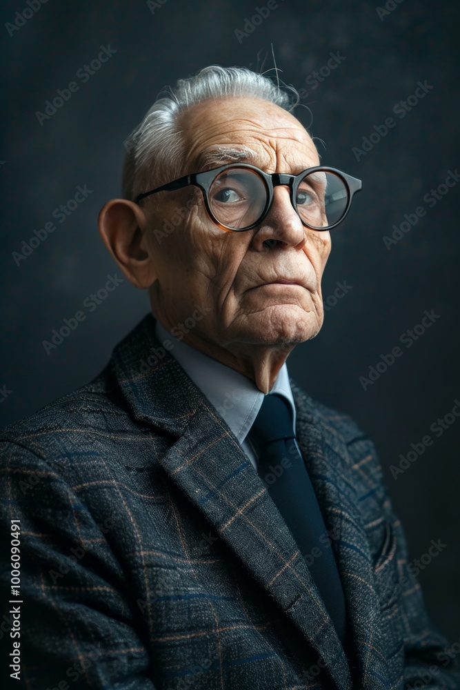 Senior man in a sharp suit and designer glasses, staring thoughtfully into the distance, in a studio Senior man in a sharp suit and designer glasses, staring thoughtfully into the distance, in a studio