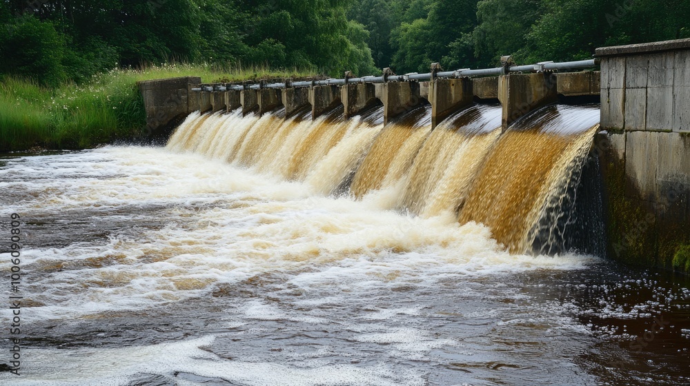 Waterfall Over Dam in Natural Landscape Waterfall Over Dam in Natural Landscape
