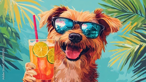 Happy dog with sunglasses with tropical cocktail. Cheerful pet in a summer beach setting. Concept of summer fun, pet leisure, vacation vibes, refreshing drinks. Print. Design. Graphic art  photo