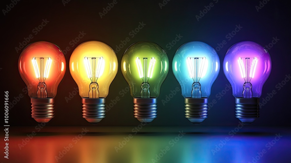 Colorful Light Bulbs in a Row Against Dark Background Colorful Light Bulbs in a Row Against Dark Background