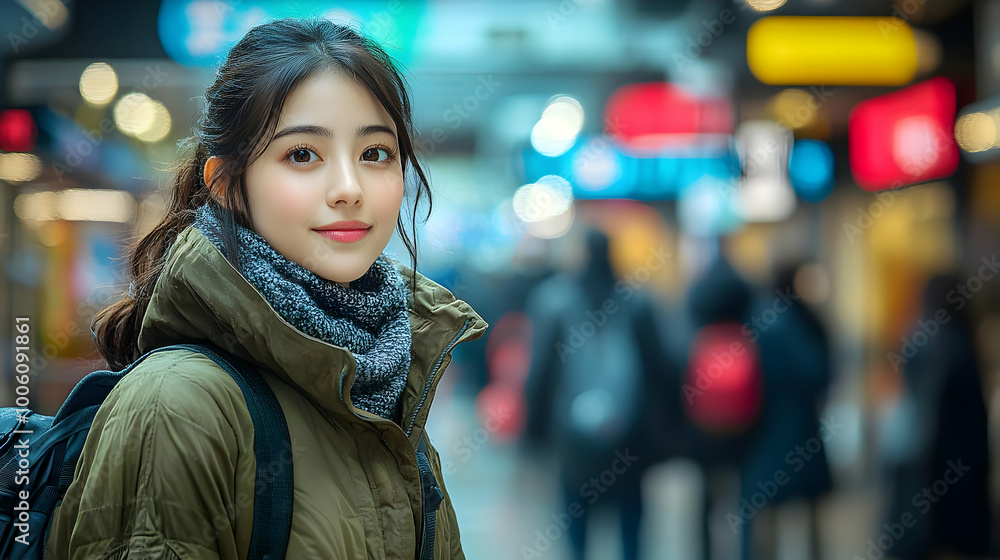 Smiling Woman in a Green Jacket and Scarf in City Smiling Woman in a Green Jacket and Scarf in City