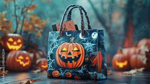 Festive Halloween Shopping Bag for Trick-or-Treating with Spooky Designs and Pumpkins photo