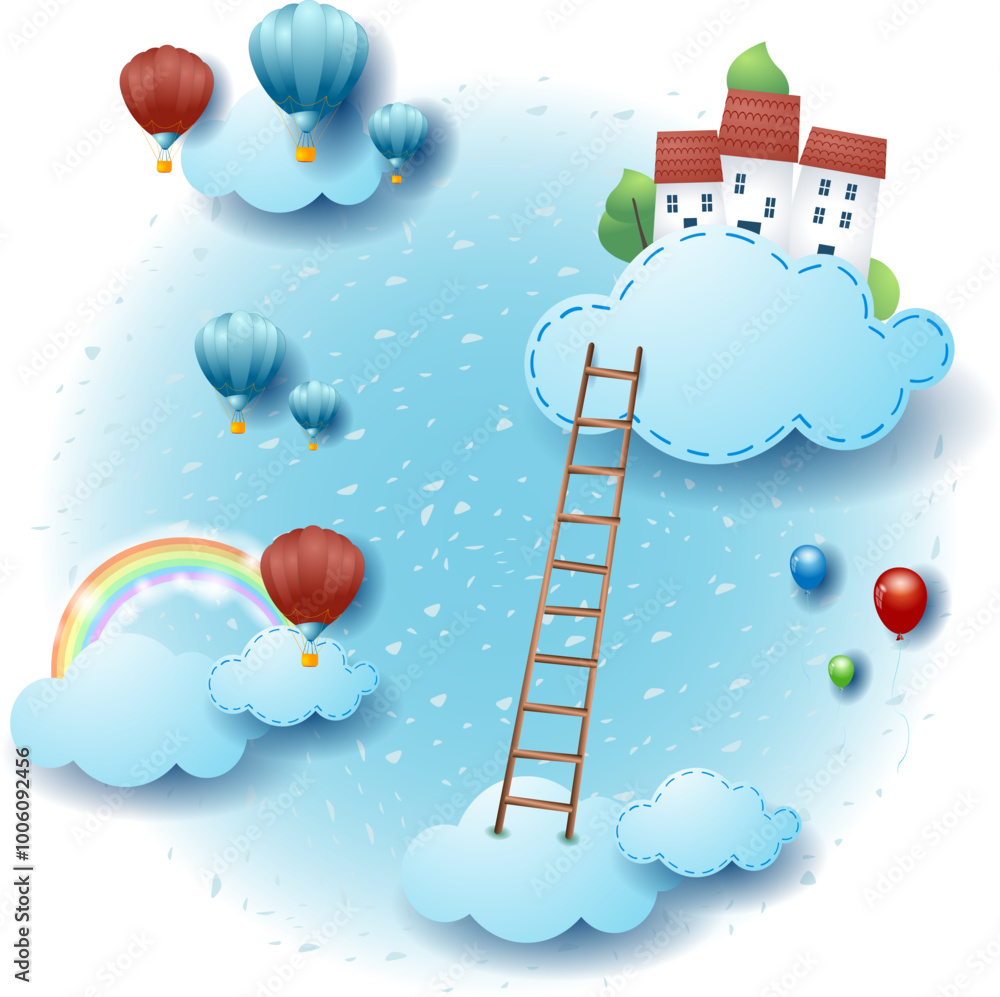 custom made wallpaper toronto digitalSky landscape with clouds, village and ladder. Fantasy illustration vector eps10