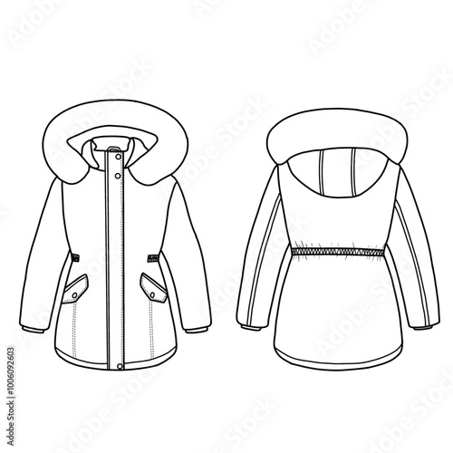 Windbreaker hooded jacket, windproof hooded jacket for girls. Outerwear jackets technical fashion illustration. Flat coat template front and back view.