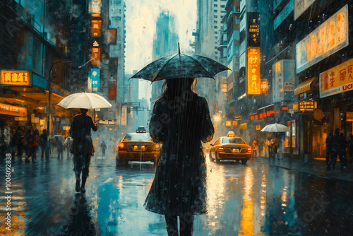 A painting of people walking in the rain with umbrellas photo