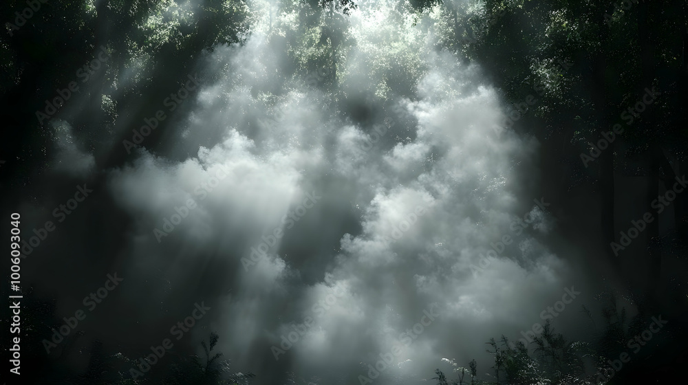 Sunbeams Shining Through Fog in the Forest Sunbeams Shining Through Fog in the Forest