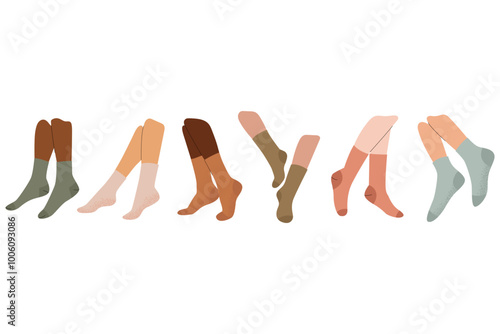 Set of legs in socks. Pairs of feet in socks set. Illustrations of female and male underwear.