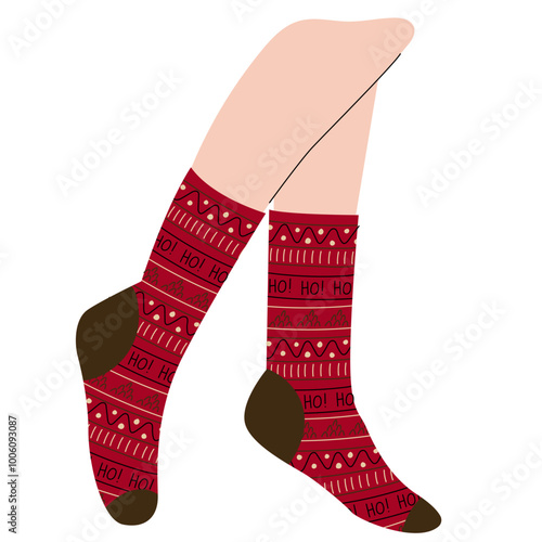 Legs in Christmas socks. Pairs of feet in winter socks. Illustrations of female and male underwear.