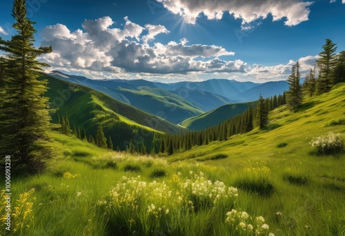 majestic clouds over serene mountain landscape capturing tranquil horizon lush wilderness under bright blue skies, mountains, landscapes, horizons photo