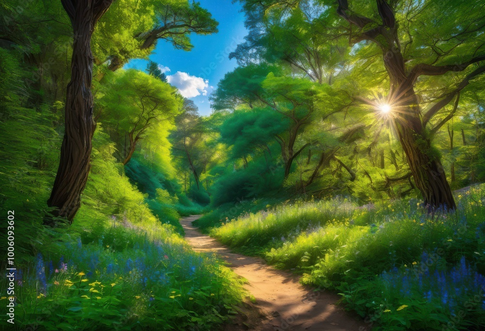 enchanting pathway through lush green forest surrounded vibrant foliage tall trees under bright blue sky, biodiversity, scenery, leaves, greenery, nature enchanting pathway through lush green forest surrounded vibrant foliage tall trees under bright blue sky, biodiversity, scenery, leaves, greenery, nature