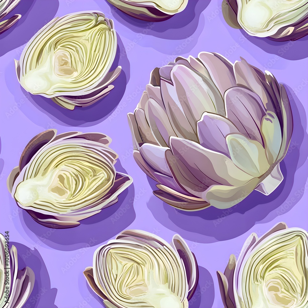 Obraz premium Artichoke Purple Delight Seamless Pattern: A vibrant, stylized illustration of artichoke hearts and whole artichokes arranged in a captivating pattern against a rich purple background.