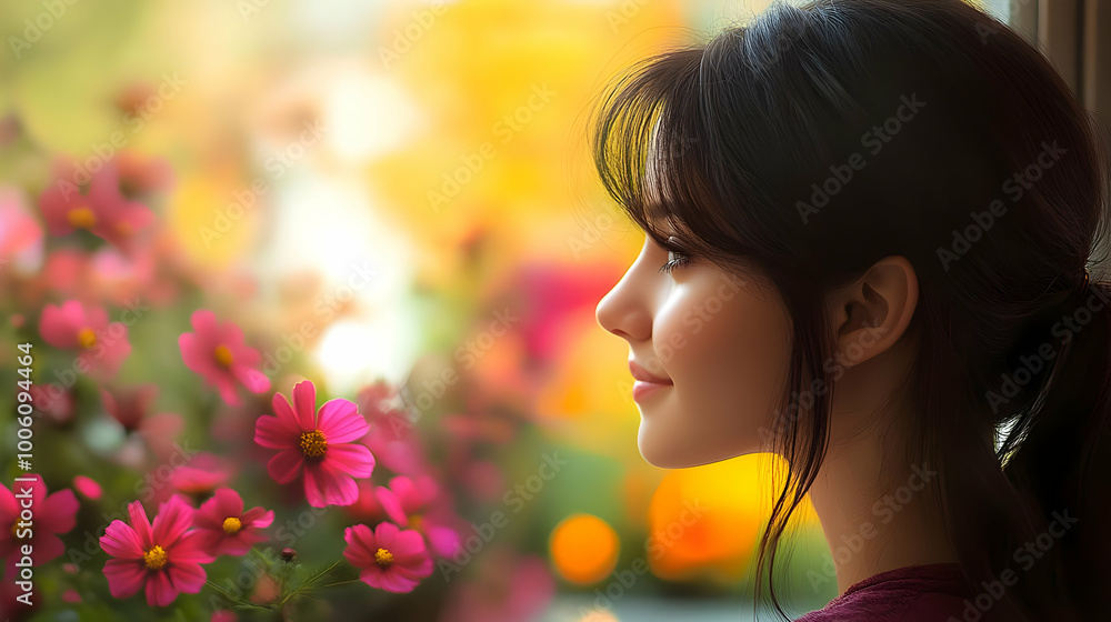Woman Smiles, Looking at Pink Flowers - Beautiful Nature Woman Smiles, Looking at Pink Flowers - Beautiful Nature