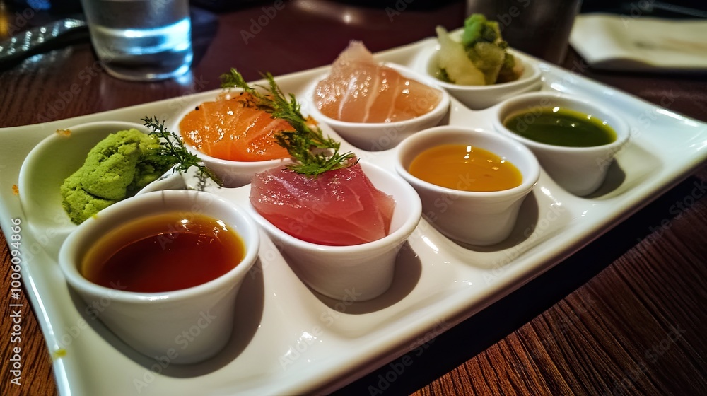 Fresh Sushi Selection with Sauces and Wasabi Fresh Sushi Selection with Sauces and Wasabi