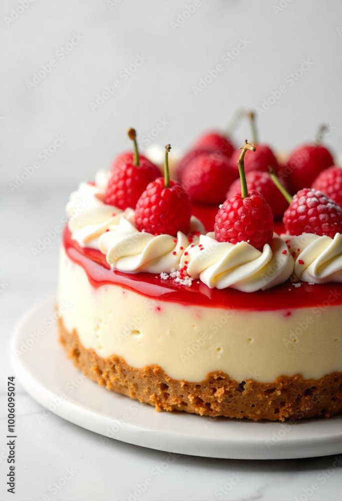 A creamy white cheesecake with a layer of fresh red raspberries on top, served on a light colored plate A creamy white cheesecake with a layer of fresh red raspberries on top, served on a light colored plate