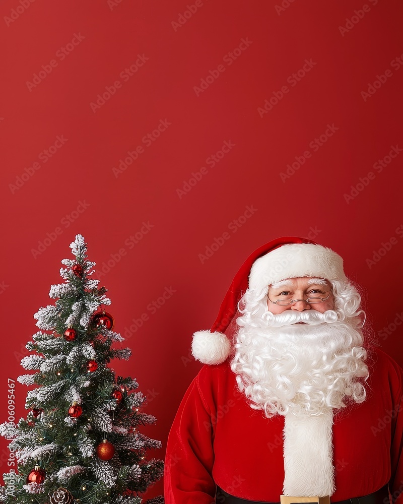 Santa Claus next to a Christmas tree, festive mood, red background. Santa Claus next to a Christmas tree, festive mood, red background.