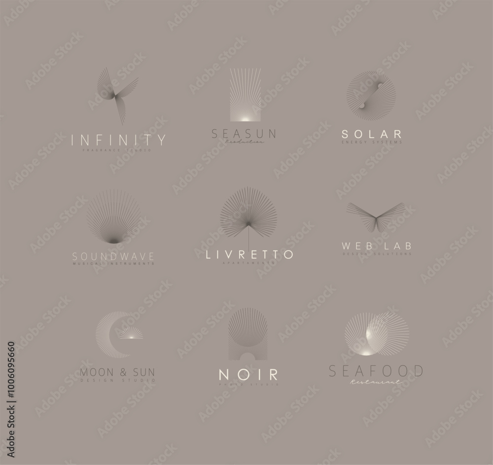 Geometric abstract labels with text and thin lines drawing on brown background
