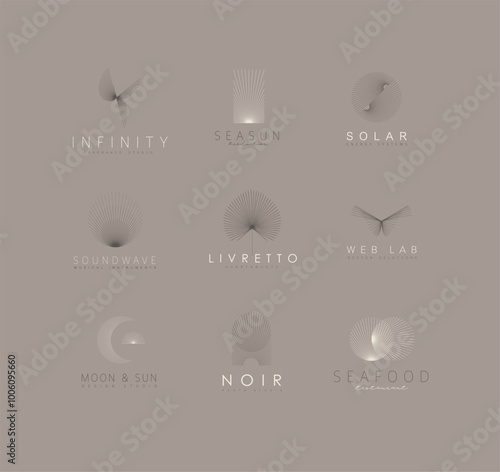 Obraz na płótnie Geometric abstract labels with text and thin lines drawing on brown background w salonie