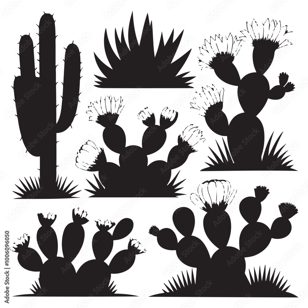 Fototapeta premium Black and white cactus plants silhouette illustration set.