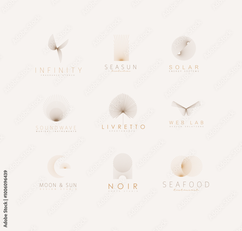Geometric abstract labels with text and thin lines drawing on light background