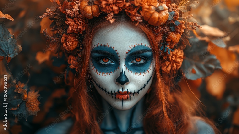 Young beautiful girl dressed in a Halloween costume, holding a pumpkin lantern, surrounded by spooky decorations during the night. Young beautiful girl dressed in a Halloween costume, holding a pumpkin lantern, surrounded by spooky decorations during the night.