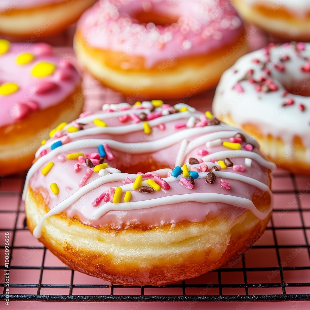 Colorful donuts with sprinkles on a wire rack, tempting dessert treat. Colorful donuts with sprinkles on a wire rack, tempting dessert treat.