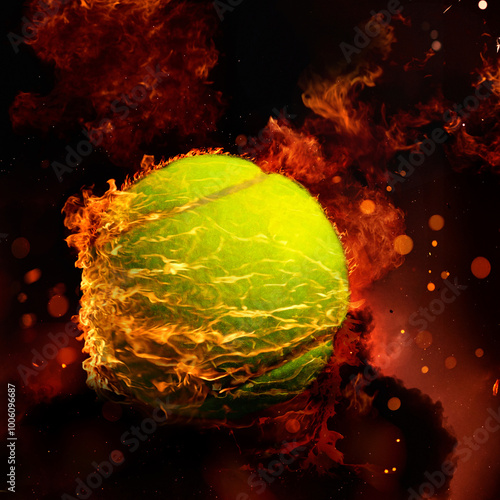 Fotografía tennis ball with Flames on Dark Background.