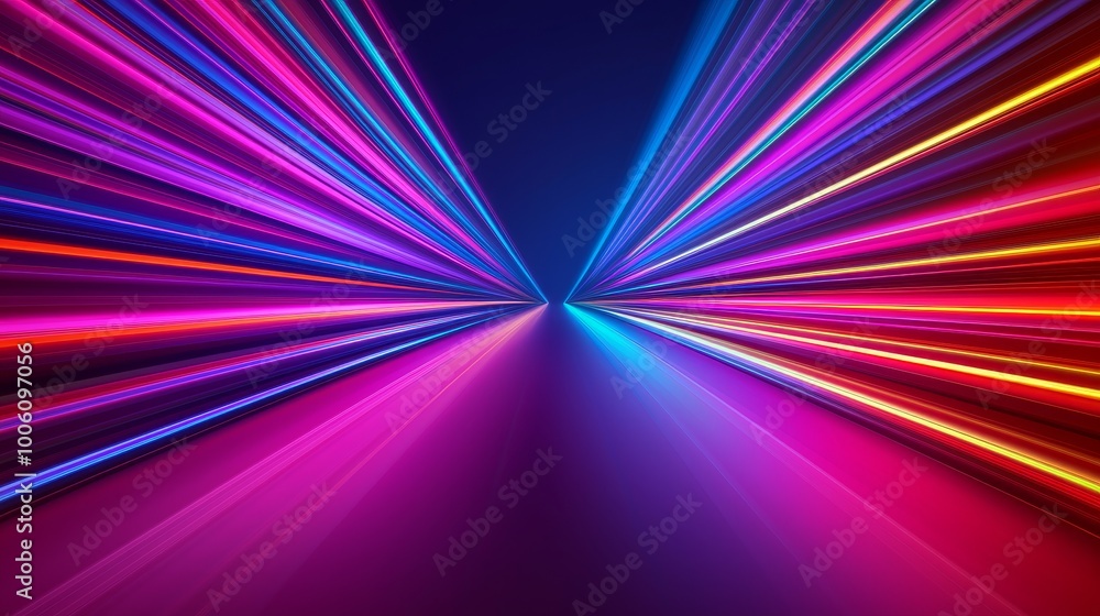 Fototapeta premium Dynamic light rays creating vibrant patterns in a dark space.
