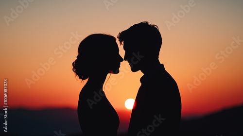 Couple silhouette against a vibrant sunset sky, symbolizing love and connection.