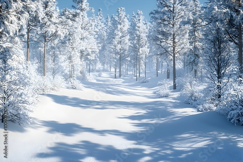 Snow-covered pathway through a serene forest during winter sunlight