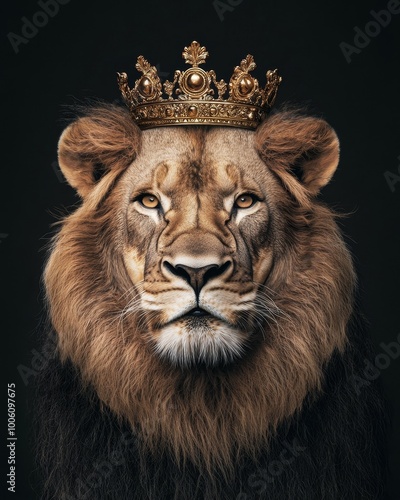 Majestic lion with a golden crown against a dark background photo