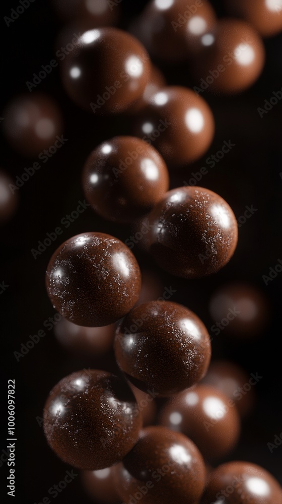 Close-up of falling shiny chocolate balls, abstract food concept Close-up of falling shiny chocolate balls, abstract food concept