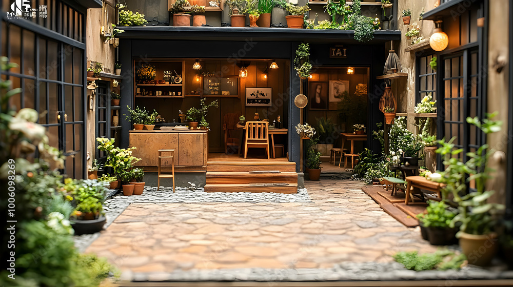 Miniature Garden Cafe with Stone Pathway, Plants, and Wooden Details Miniature Garden Cafe with Stone Pathway, Plants, and Wooden Details