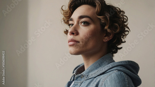 A portrait of a transgender person, a man who identifies as a woman, with strong facial features, a serious look, confidence in the eyes, no make-up