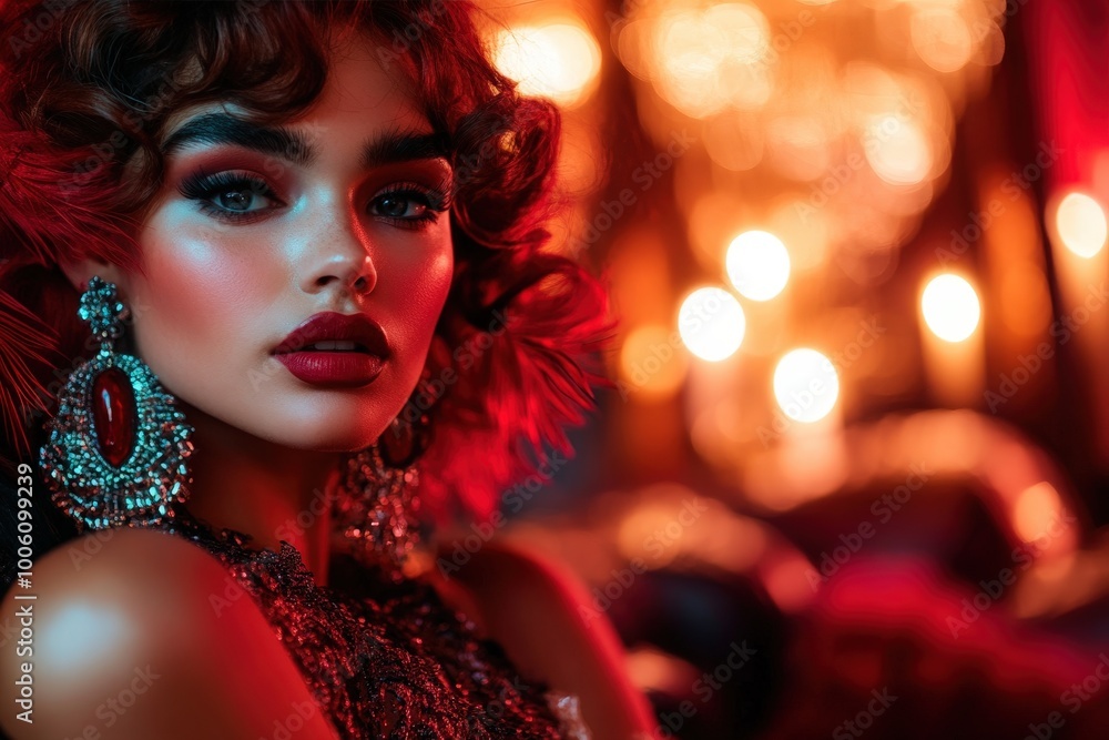 A glamorous woman with dramatic makeup and sparkling, oversized earrings is captured in a soft, warmly lit environment, highlighting her striking features. A glamorous woman with dramatic makeup and sparkling, oversized earrings is captured in a soft, warmly lit environment, highlighting her striking features.