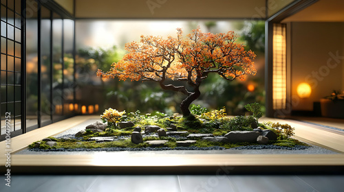 Miniature Zen Garden with Bonsai Tree and Stones