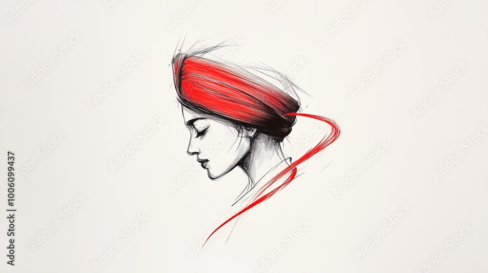 Naklejka premium Woman in Red Headscarf Side Profile Sketch Illustration