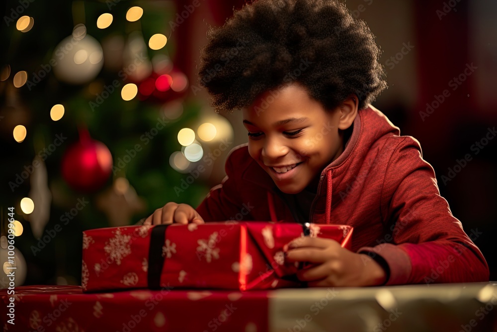Excited Child Opening Christmas Gift by Tree Excited Child Opening Christmas Gift by Tree