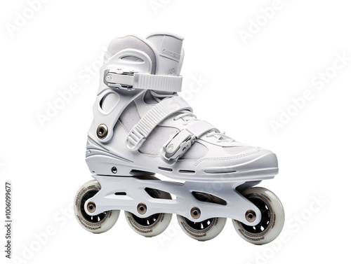 a white roller skate with four wheels